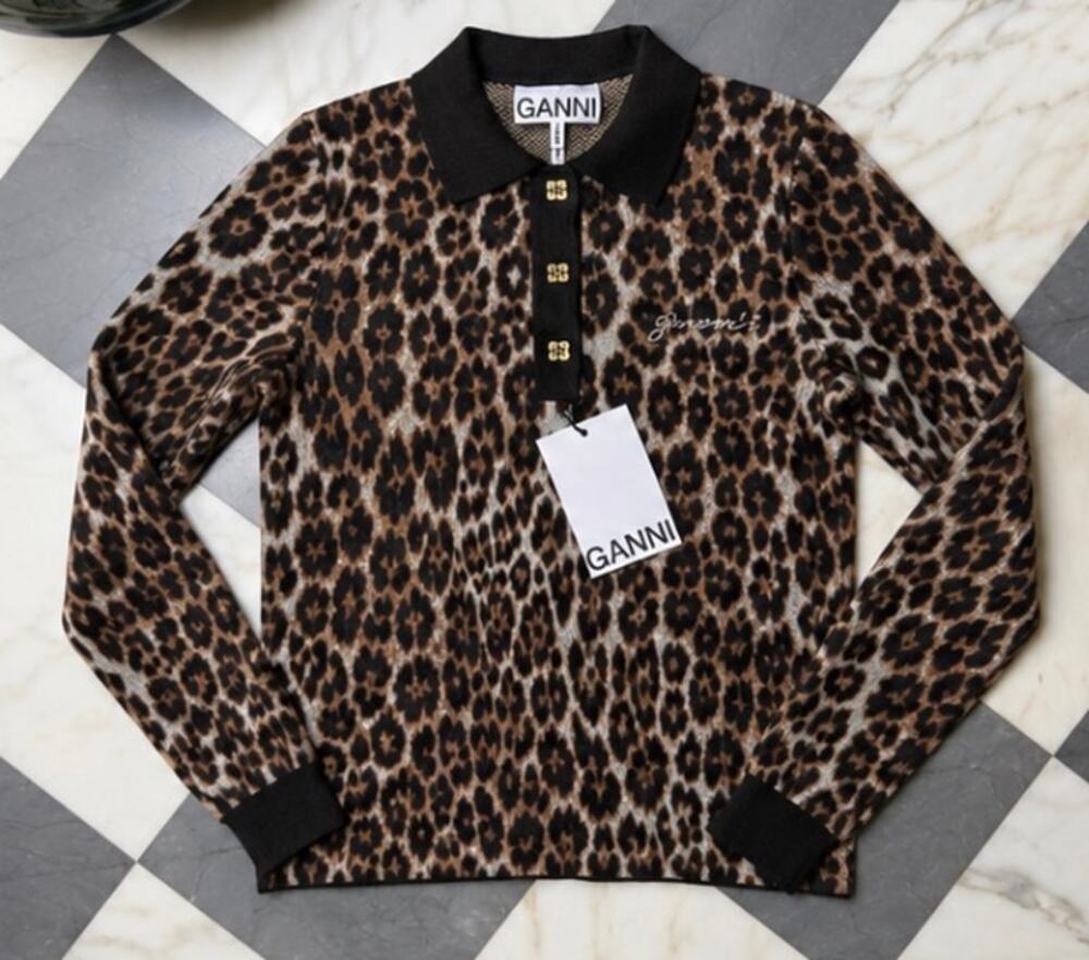 GANNI Leopard Print Knit Polo Sweater Women’s Small Long Sleeve Brown Black